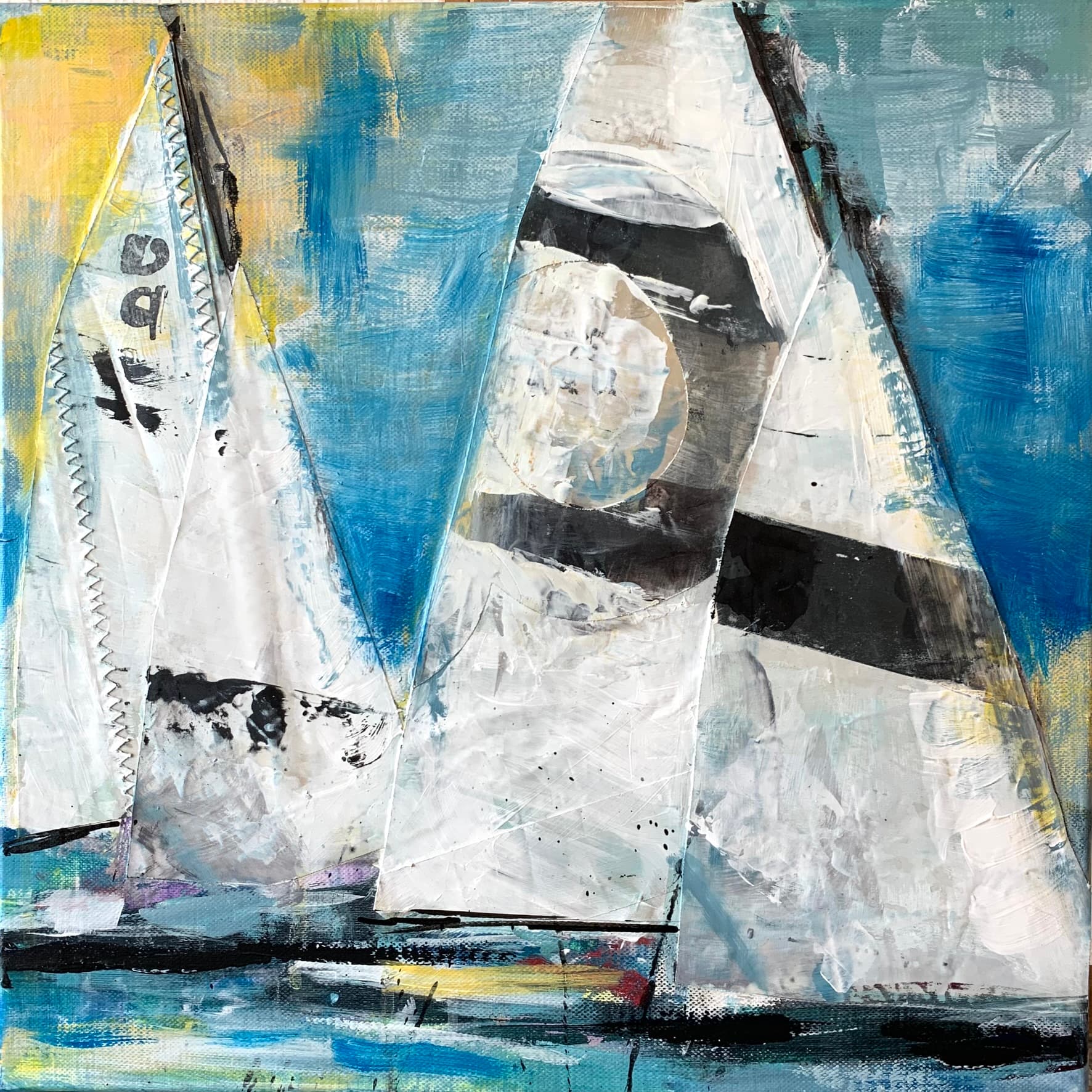 Artwork by Heike Schümann depicts abstractly rendered sailboats