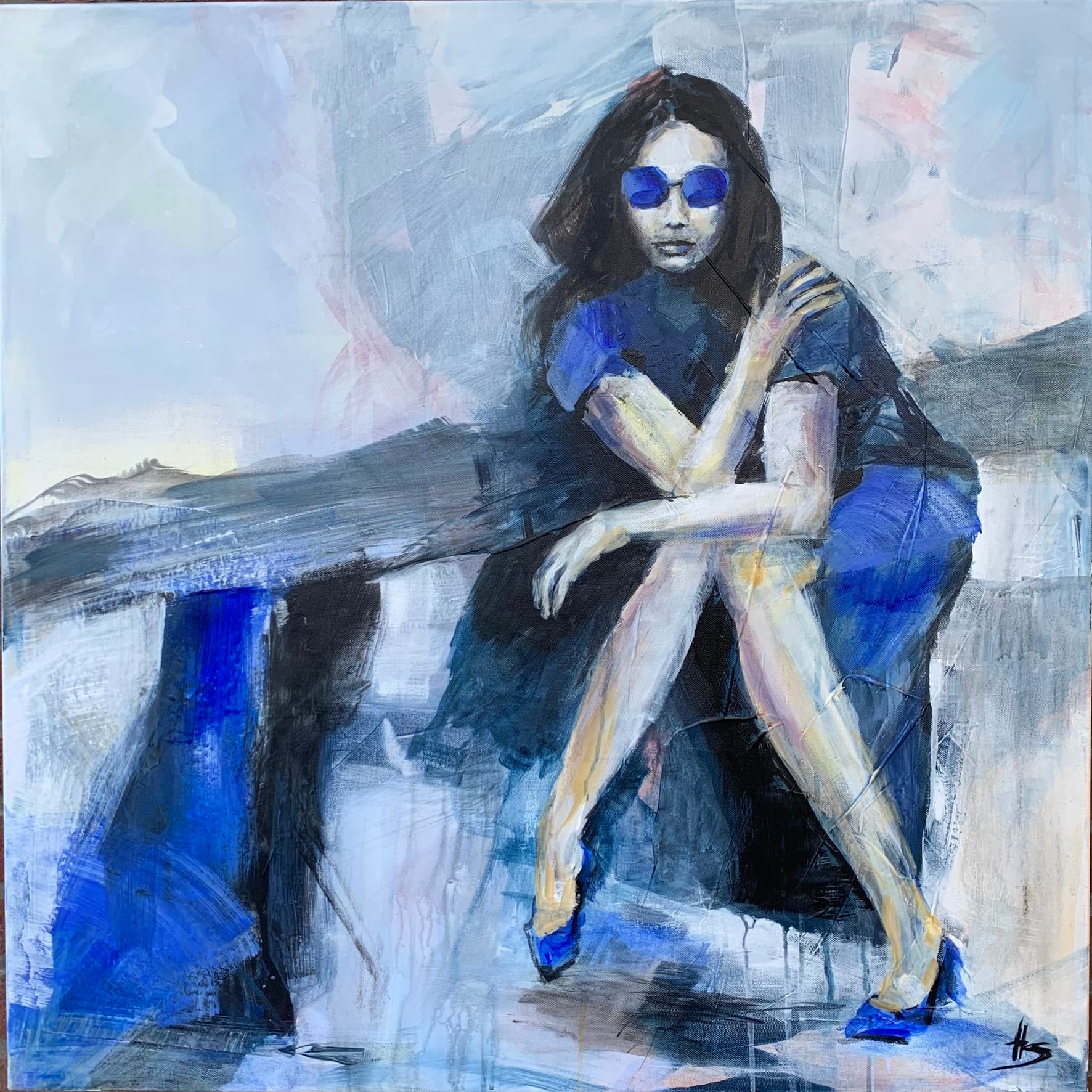 Artwork by Heike Schümann depicts a seated, forward-leaning woman with crossed legs