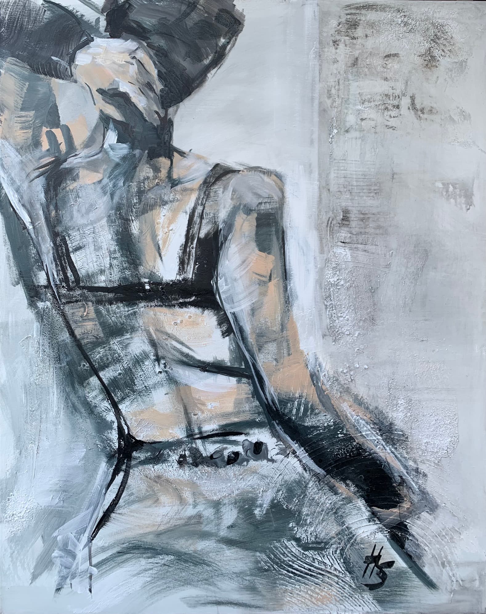 Artwork by Heike Schümann depicts a standing woman from behind in a casual pose