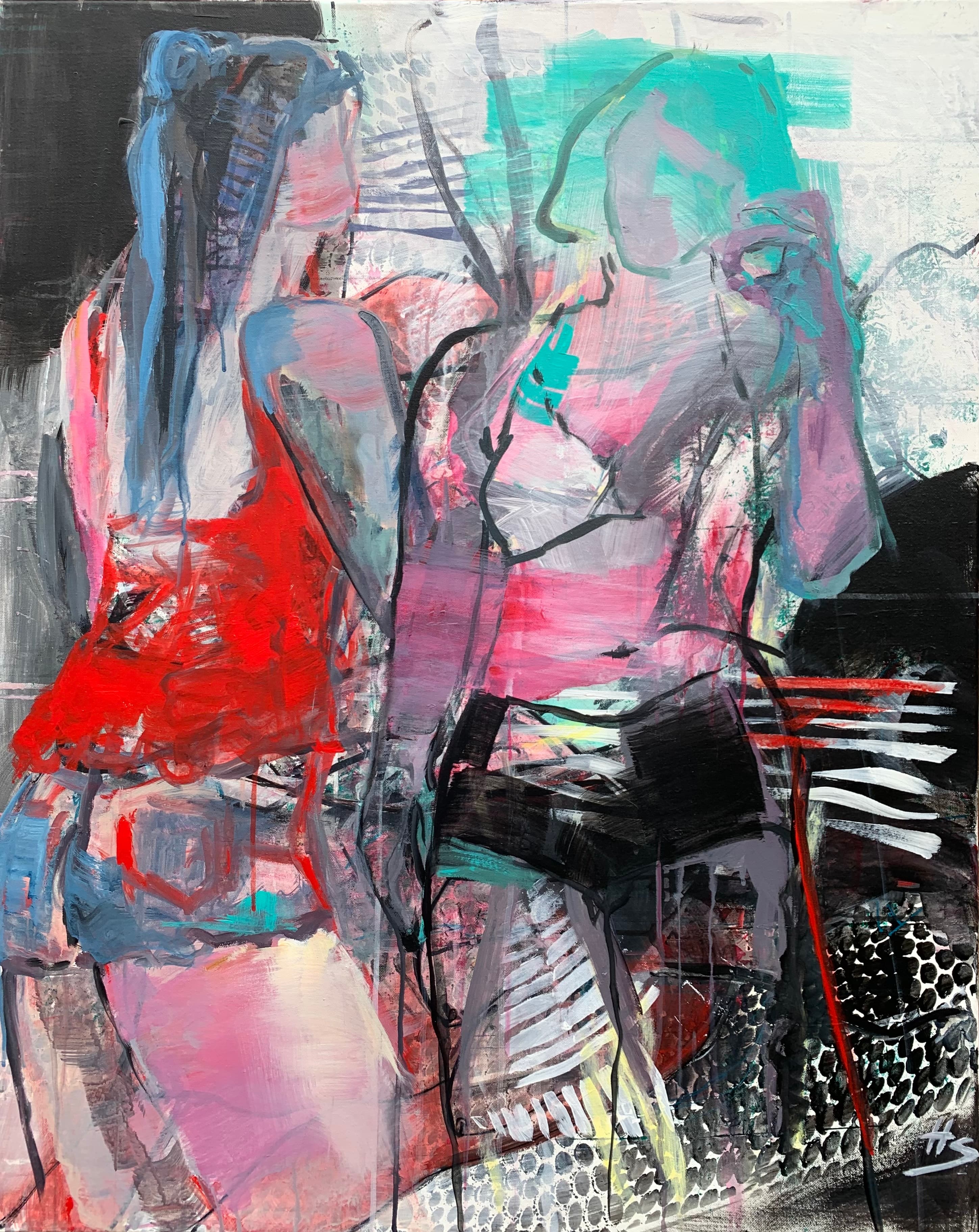 Artwork by Heike Schümann depicting two women engaged in conversation while standing