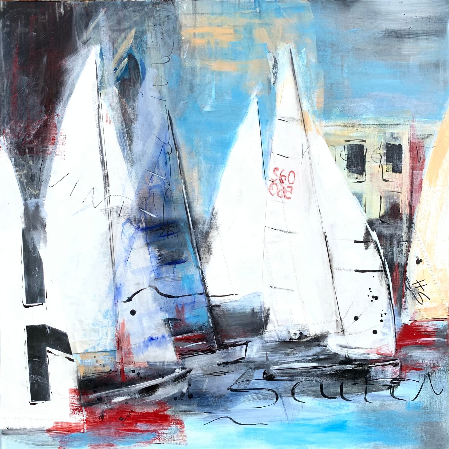 Artwork by Heike Schümann depicts abstractly rendered sailboats in front of buildings