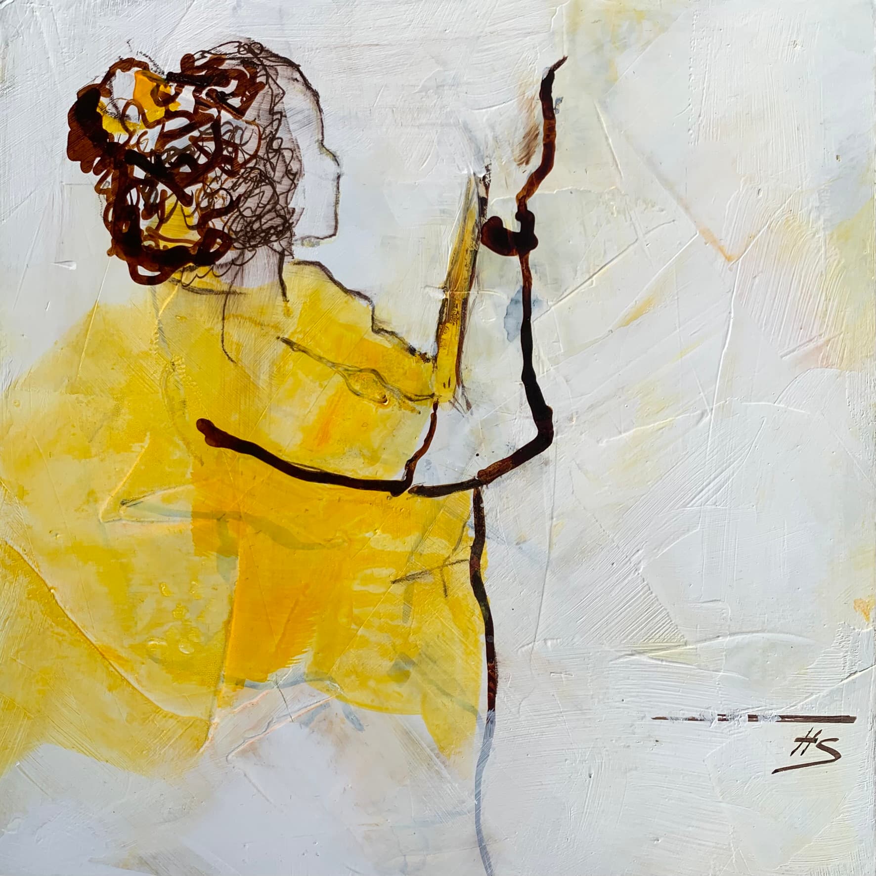 Artwork by Heike Schümann showing a standing woman turned sideways, facing away from the viewer